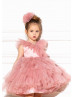 Beaded V Neck Blush Tulle Ruffle Flower Girl Dress